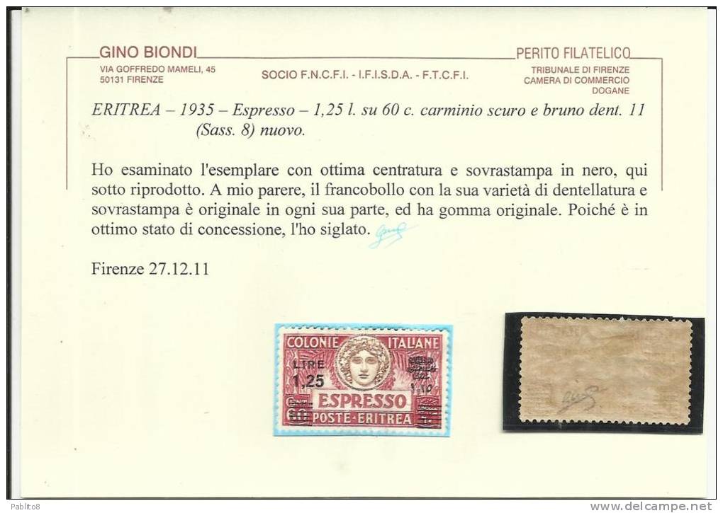 ERITREA 1927 - 1935 ESPRESSO L 1,25 SU 60 C SOPRASTAMPA NERA BLACK OVERPRINT DENT. 11 MLH OTTIMA CENTRATURA CERTIFICATO - Erythrée