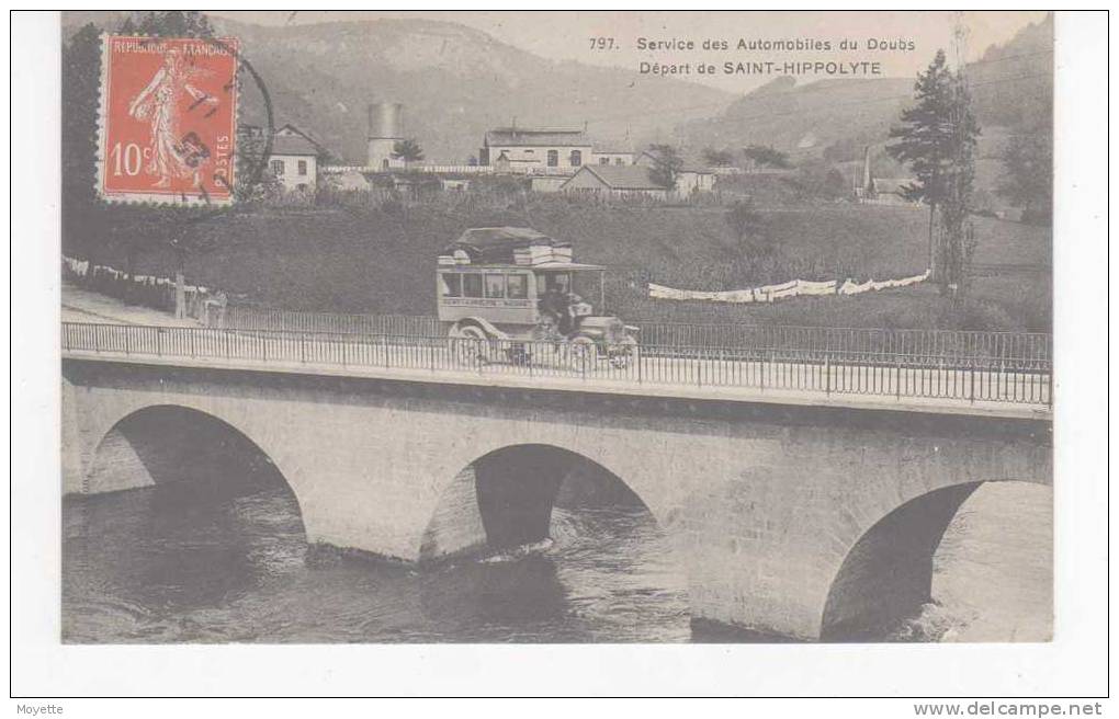 CPA-25-SAINT-HIPPOLYTE-1911-SERVICE DES AUTOMOBILES DU DOUBS-DEPART DE SAINT-HIPPOLYTE-ANIMEE-VIEUX CAR AVEC CHAUFFEURS - Saint Hippolyte