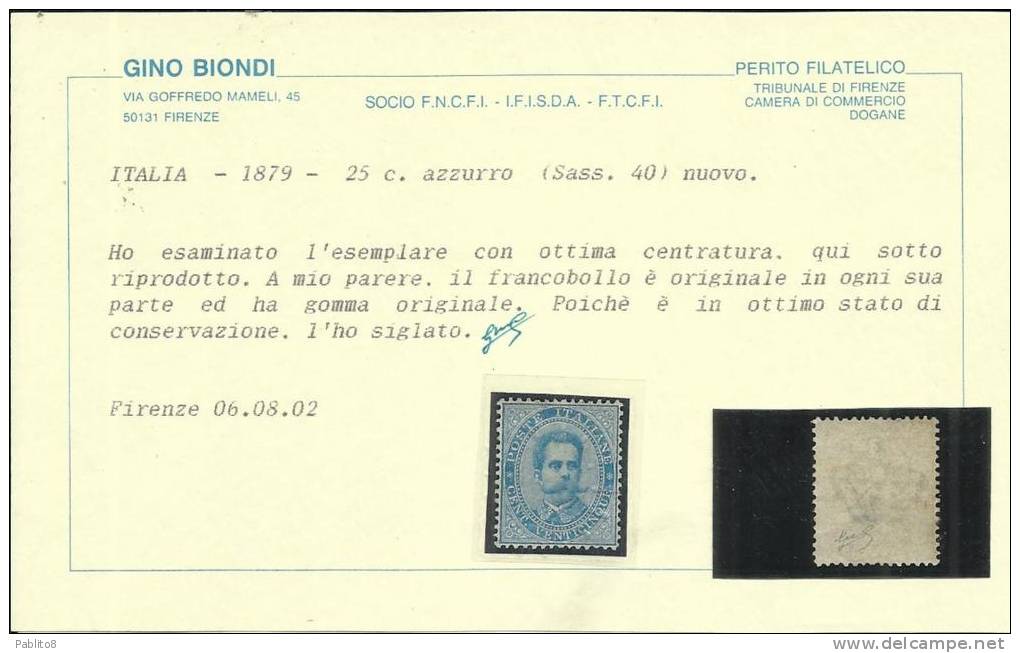 ITALIA REGNO 1879 EFFIGIE RE UMBERTO I 25 C MLH OTTIMA CENTRATURA CERTIFICATO - Nuevos