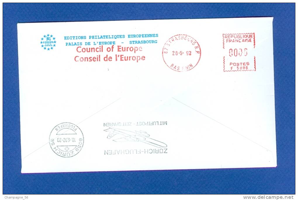 FRANCE ALSACE  N° 0 5 8 1 / 1 0 0 0 TRAITÉE DE MAASTRICHT VOL STRASBOURG-ZURICH 10 .6 .92 PARLEMENT STRASBOURG - Used Stamps