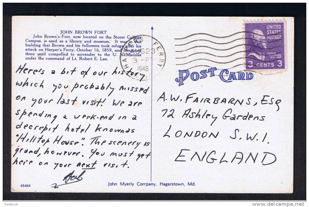 RB 811 - 1948 Postcard John Brown's Fort Harpers Ferry West Virginia USA - 3c Rate To London UK - Other & Unclassified