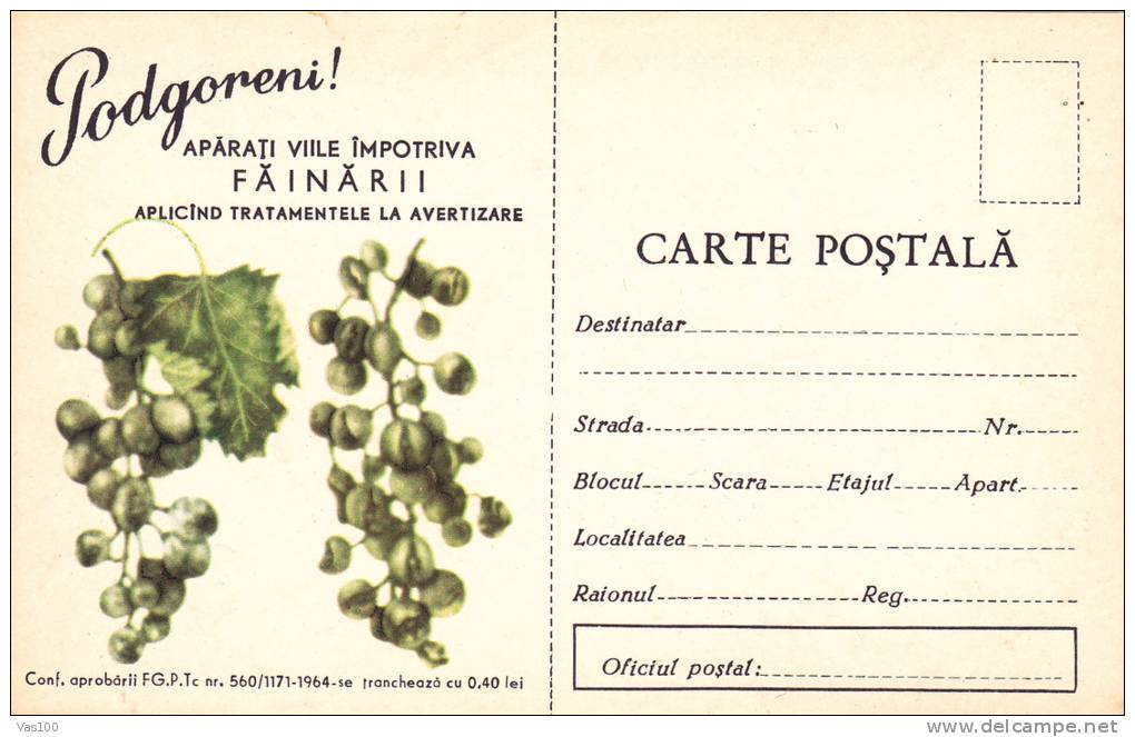 Romania 1964 Grapes,Vineyard Manna,rare Stationery Unused PC.. - Wines & Alcohols