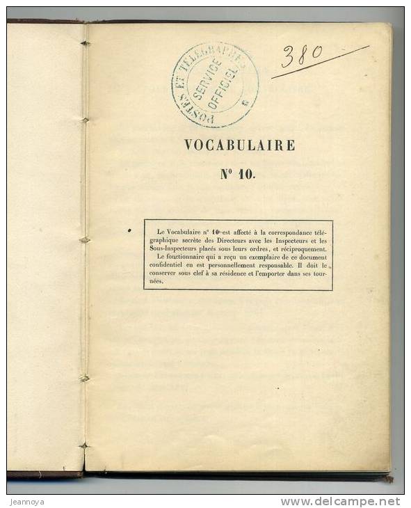 VOCABULAIRE N° 10 DES POSTES & TELEGRAPHES DE 12/1889 POUR LA TRANSCRIPTION DES TELEGRAMMES CODES - RRR - Otros & Sin Clasificación