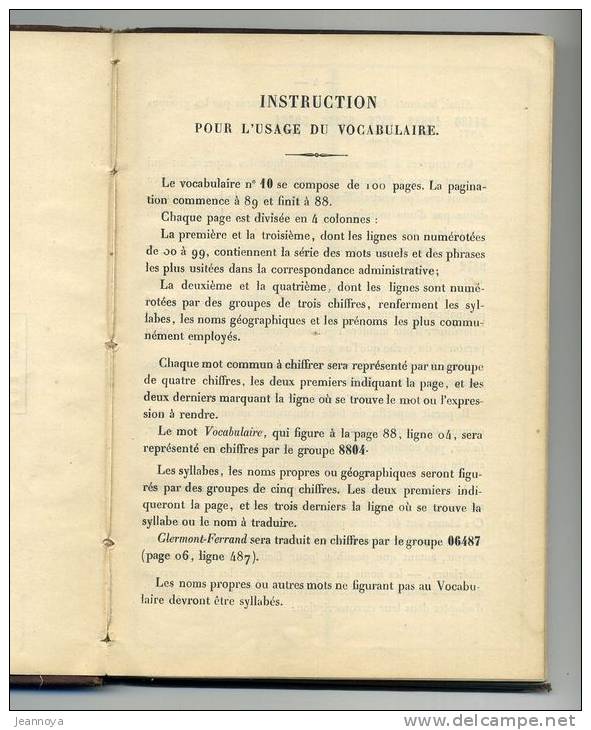 VOCABULAIRE N° 10 DES POSTES & TELEGRAPHES DE 12/1889 POUR LA TRANSCRIPTION DES TELEGRAMMES CODES - RRR - Otros & Sin Clasificación