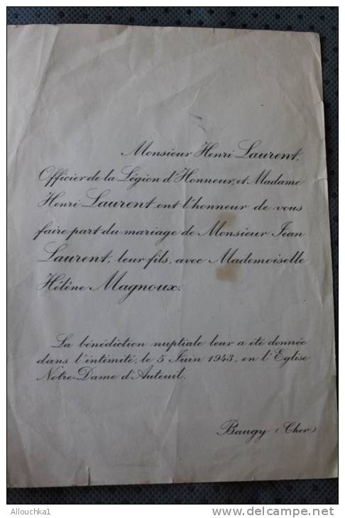 1943 Faire Part BAUGY Cher:M. Henri Laurent Officier Légion D´honneur:mariage De Jean Laurent Le Fils Av Mlle Hélène M. - Mariage