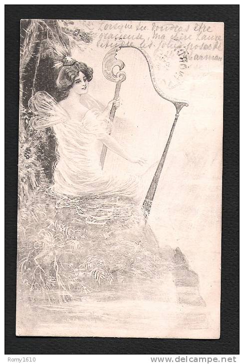 Jolie Femme Elfe Avec Arpe. Belle Illustration, Voyagée En 1902. - 1900-1949