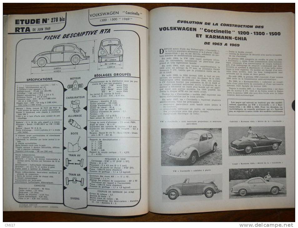 REVUE TECHNIQUE AUTOMOBILE CITROEN  "AMI 8/ 6 " AK- B VOLKSWAGEN  COCCINELLE 1200-1300-1500 DE 1963  EDITE  JUIN 1969 - Auto