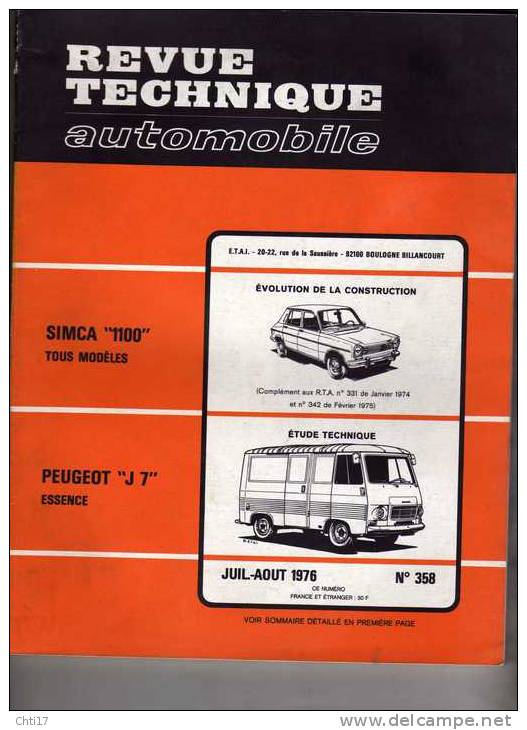 REVUE TECHNIQUE AUTOMOBILE N 358 PEUGEOT J7 ESSENCE SIMCA 1100 TOUS MODELES DEPUIS 1975 EDITE 1976 - Auto