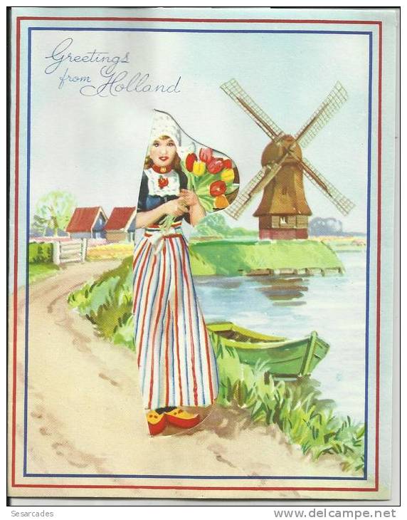 GREETINGS FROM HOLLAND, CARTE À SYSTÉME (HOLANDAISE COSTUME TRADITIONNEL, MOULIN À VENT, TULIPES) - Otros & Sin Clasificación