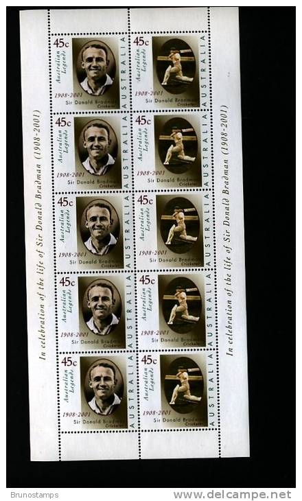 AUSTRALIA - 2001  SIR DONALD BRADMAN SHEETLET  MINT NH - Ganze Bögen & Platten