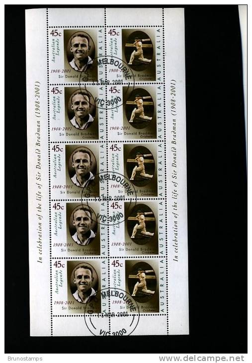 AUSTRALIA - 2001  SIR DONALD BRADMAN SHEETLET  FINE USED  FDI CANCEL - Sheets, Plate Blocks &  Multiples