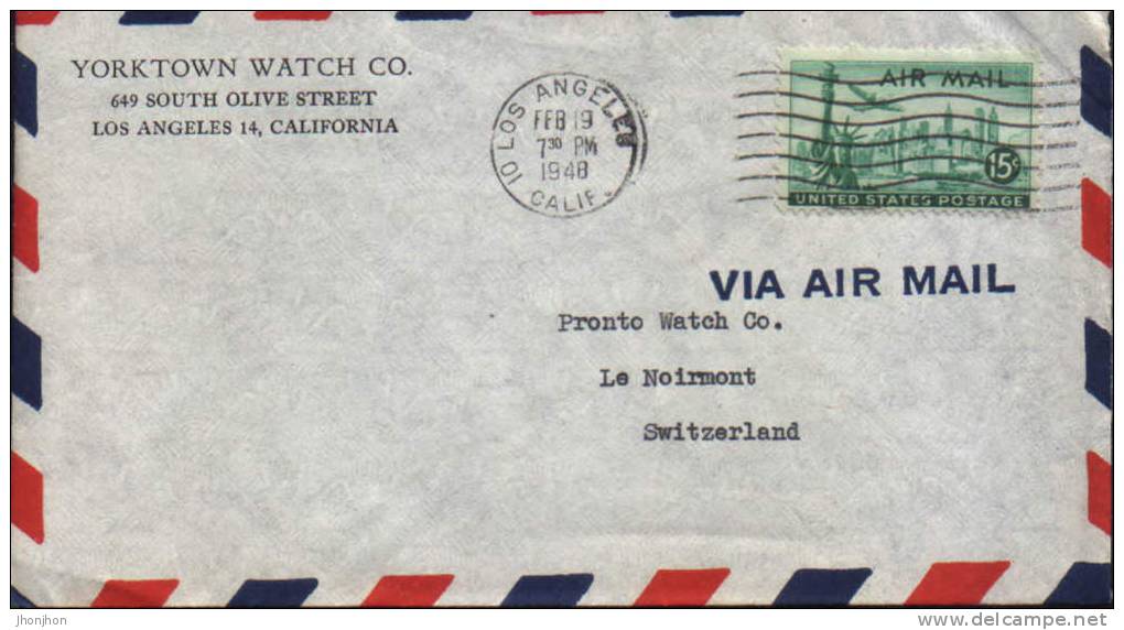 USA-Envelope Circulated In 1948;Sent From Yorktown Watch Company In Switzerland - 1941-60