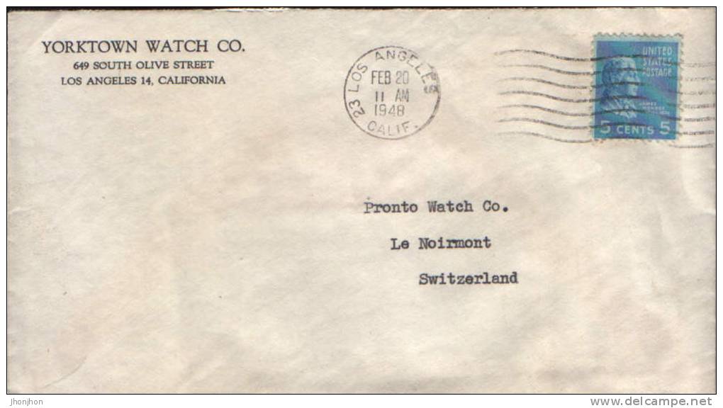 USA-Envelope Circulated In 1948;Sent From Yorktown Watch Company In Switzerland - 1941-60