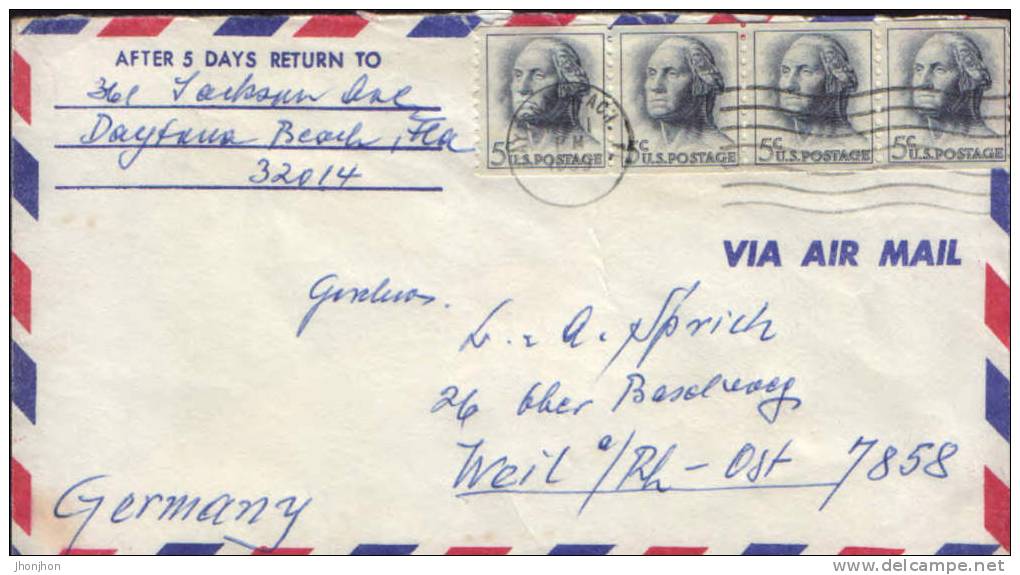 USA-Envelope Circulated In 1966-Strip Of 4 Marks (5c George Washington 1962-1966) Unperforated Horizontally - 1961-80