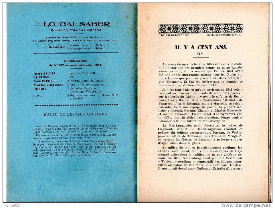 TOULOUSE N°197 LO GAI SABER - L´AN LITTERAIRE 1941 PACA LANGUEDOC - Midi-Pyrénées