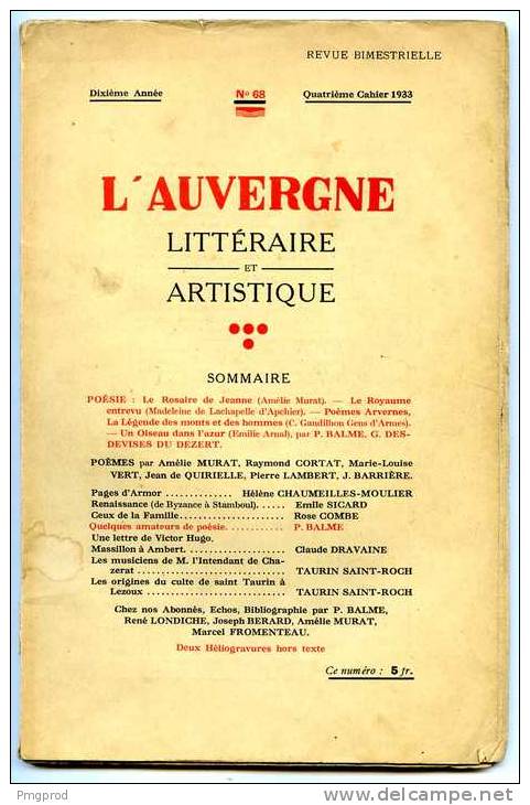 Auvergne Littéraire - 68 - 4e Cahier 1933 - Poésie, Massillon, Ambert, Chazerat, Lezoux... - Auvergne