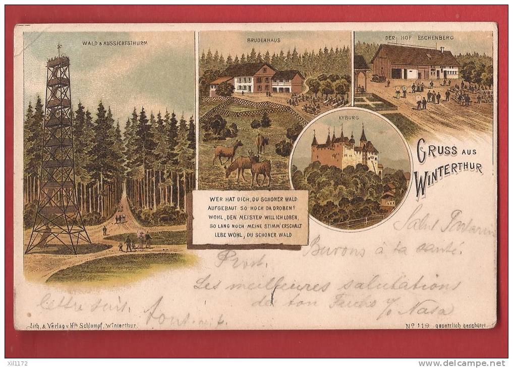 N313  Gruss Aus Winterthur,Bruderhaus,Kyburg,Eschenberg.Pioneer.Cachet 1897 - Winterthur