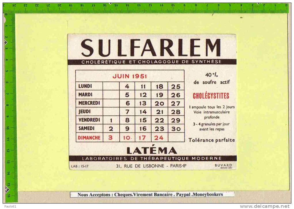 BUVARD Pharmacie :SULFARLEM  Laboratoire   Latema - Chemist's