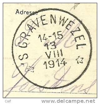 Kaart Met Sterstempel (relais) * 'S GRAVENWEZEL *op 13/08/1914 Naar St-Josse-ten-Noode (niet Vermeld In Delfosse)!!!!!!! - Zone Non Occupée