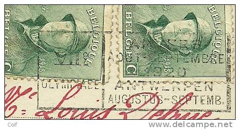 167 Kaart Met Mekanische Vlagstempel OLYMPIADE 1920 ANVERS Van BRUXELLES (Nd) (olympic Games) - 1919-1920 Roi Casqué