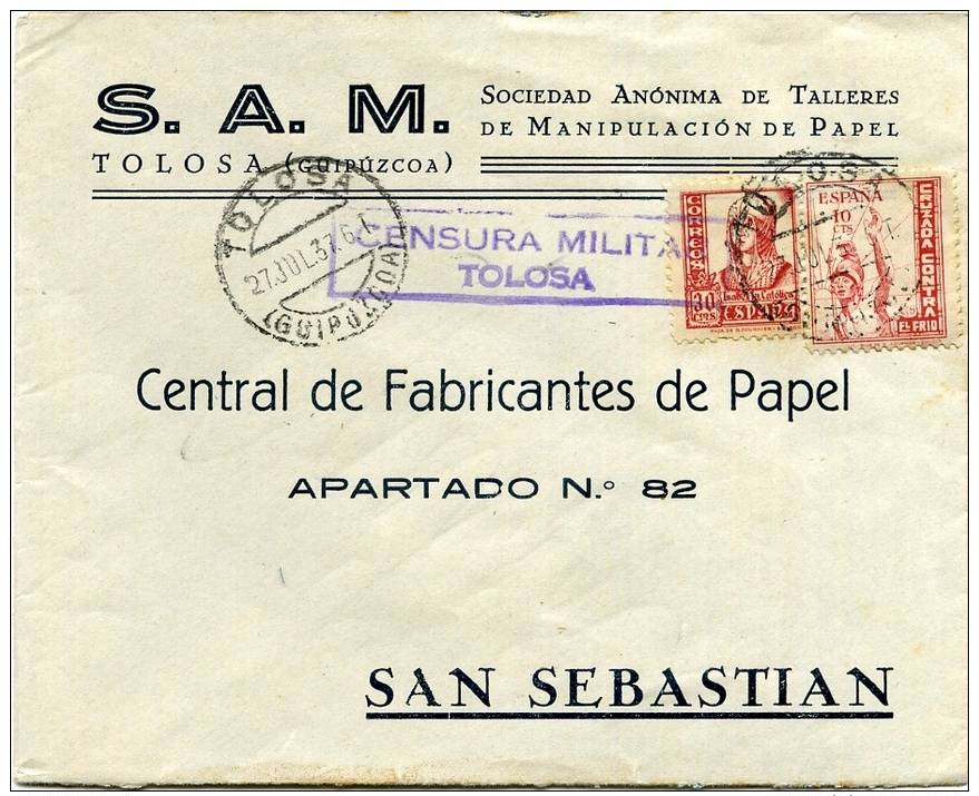 CARTA   De  Tolosa  A  S. Sebastian ( Sello Cruzada Contra El Frio )  - Censurada - 428 - Storia Postale