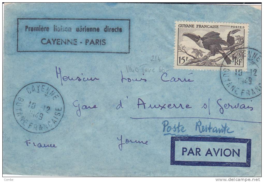 Belle Lettre Guyane,1949, 15c Seul,  Cayenne Pour Yonne, Taxe10f, Première Liaison/619 - Sonstige & Ohne Zuordnung