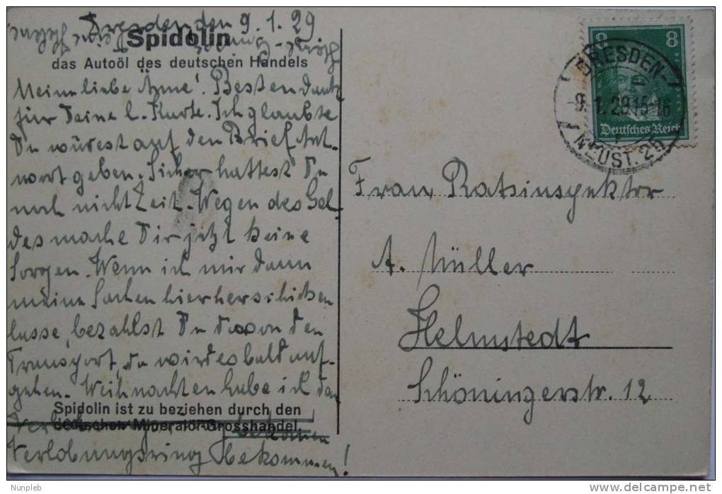 1929 GERMANY POSTCARD DRESEN TO HELMSTEDT WITH PICTURE OF MOTORTANKSCHIFF SPIDOLIN - Briefe U. Dokumente