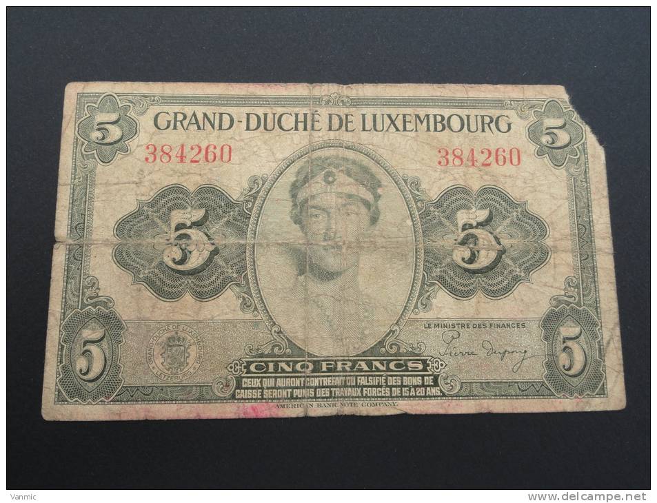 Billet 5 Francs - Grand Duché Du Luxembourg - Grande Duchesse Charlotte - 384260 - Luxemburgo