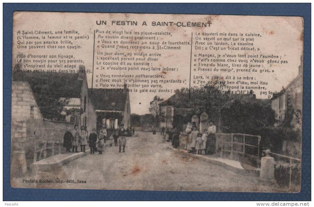 89 YONNE - CP ANIMEE UN FESTIN A SAINT CLEMENT - POEME - POULAIN ROCHER IMP. EDIT. SENS - 1918 - Saint Clement