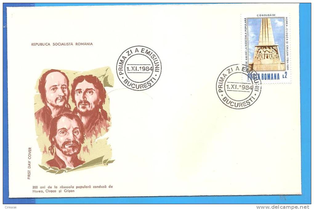 Rebellion Horea, Closca Of Crisan Freemasonry 1984  Romania FDC 1X First Day Cover - Freemasonry