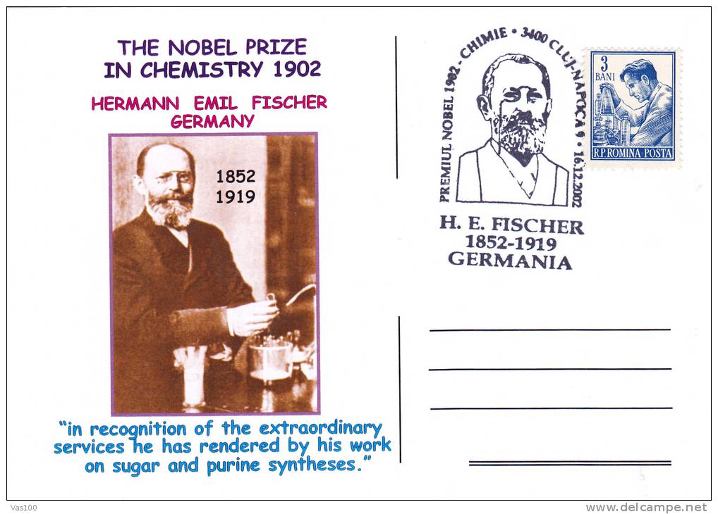 The Nobel Prize In Chemistry,Chimie,HERMANN EMIL FISCHER GERMANY,1902 PC 1x Obliteration Concordante,Romania. - Chimie
