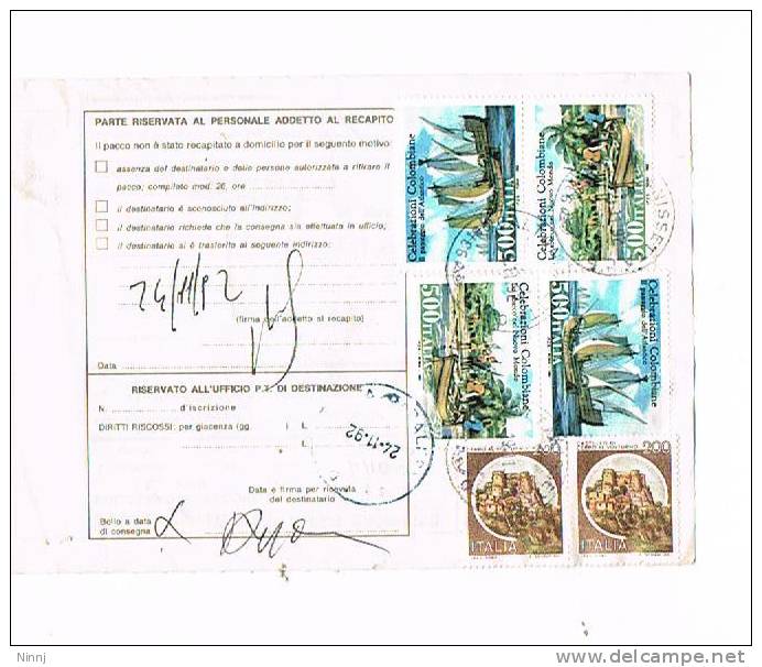 Italia Storia Postale  19.11.92 Caltanissetta/Palermo  Affr. 4 X £. 500 + 2 X  £.200 - 1991-00: Storia Postale