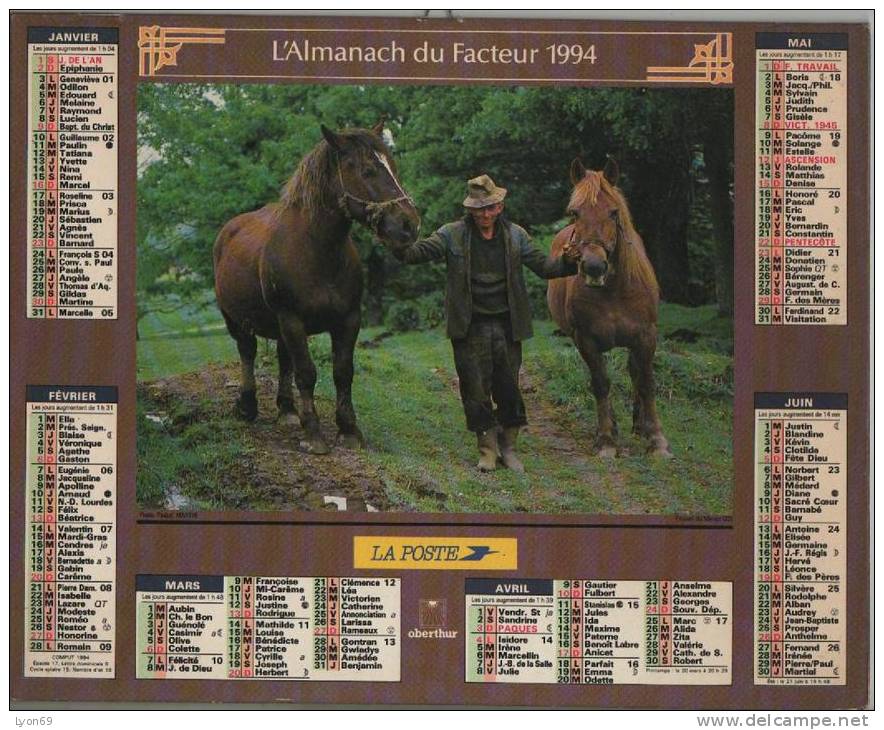 ALMANACH DU FACTEUR 1994   EDITEUR OBERTHUR - Tamaño Grande : 1991-00