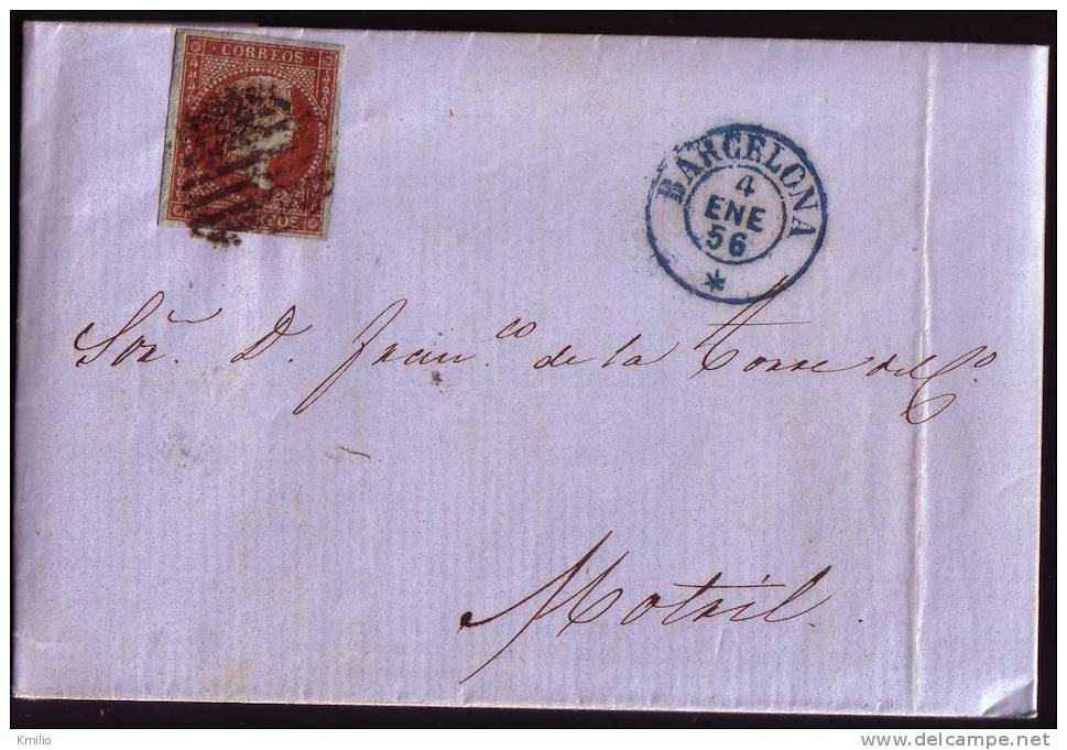 1856, 4 De Enero, Carta Sencilla De Barcelona A Motril, 4 Cuartos Filigrana De Lazos - Covers & Documents