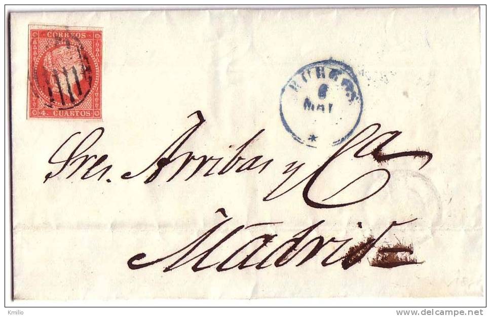 1857, 6 De Mayo, Carta Sencilla De Burgos A Madrid, Al Dorso, Fechador Muy Interesante De Llegada - Covers & Documents