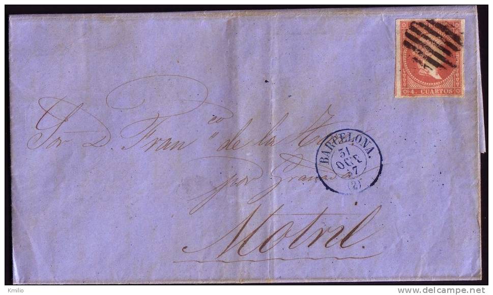 1857, 31 De Octubre, Carta Sencilla De Barcelona A Motril, Fechador De 1857 Uso Temprano - Covers & Documents