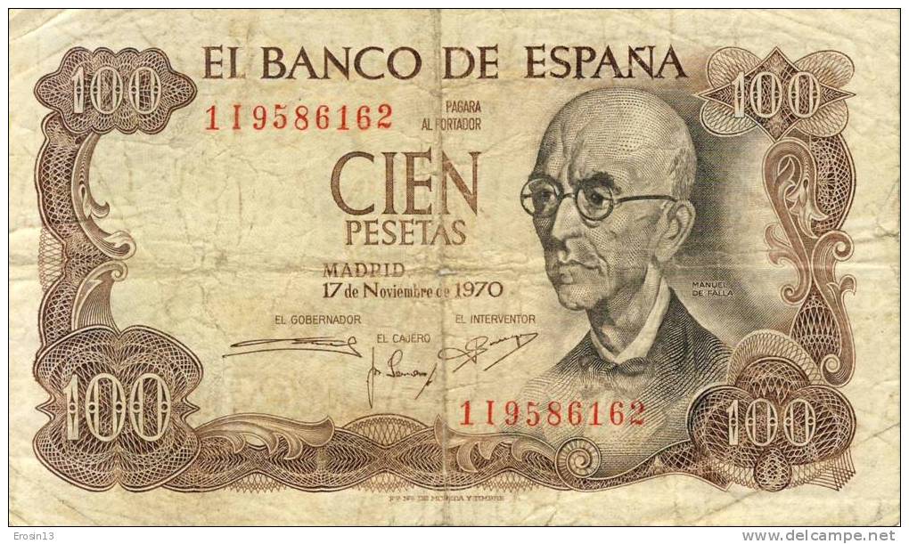 ESPAGNE  - BILLET - ESPAGNE.................1 00 PESETAS Manuel De FALLA  - BON ETAT - 100 Peseten