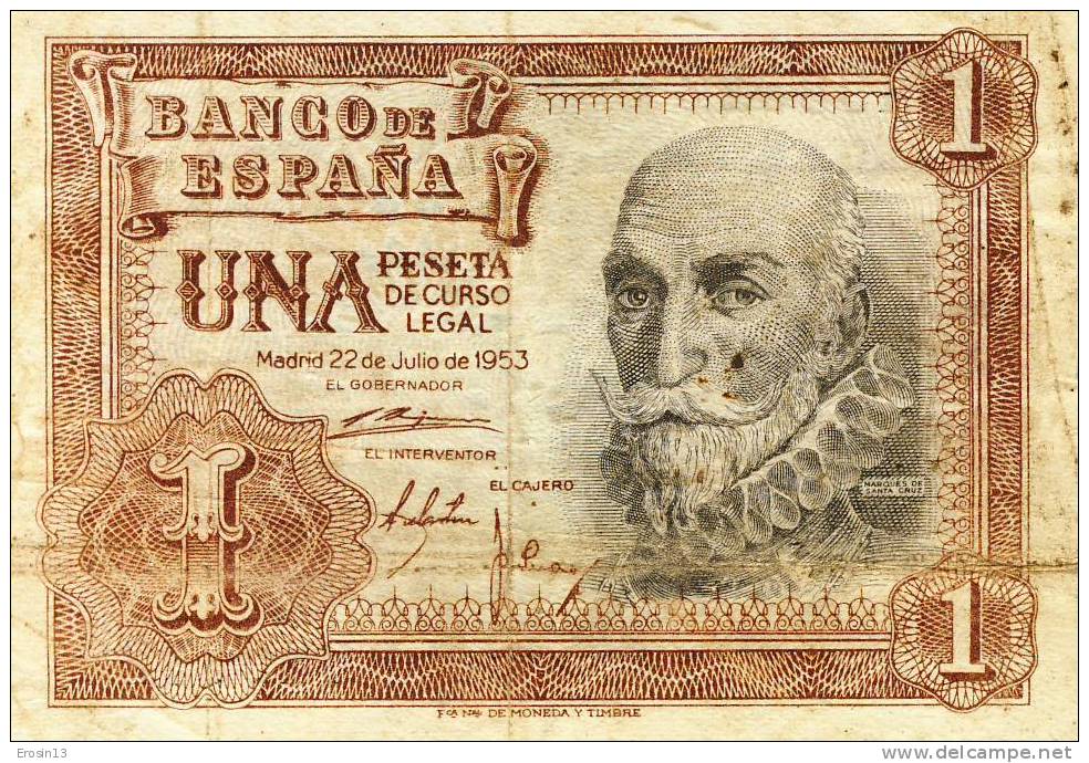 ESPAGNE  - BILLET - Espagne 1 Peseta 22 Juillet 1953 - BON ETAT - 100 Peseten