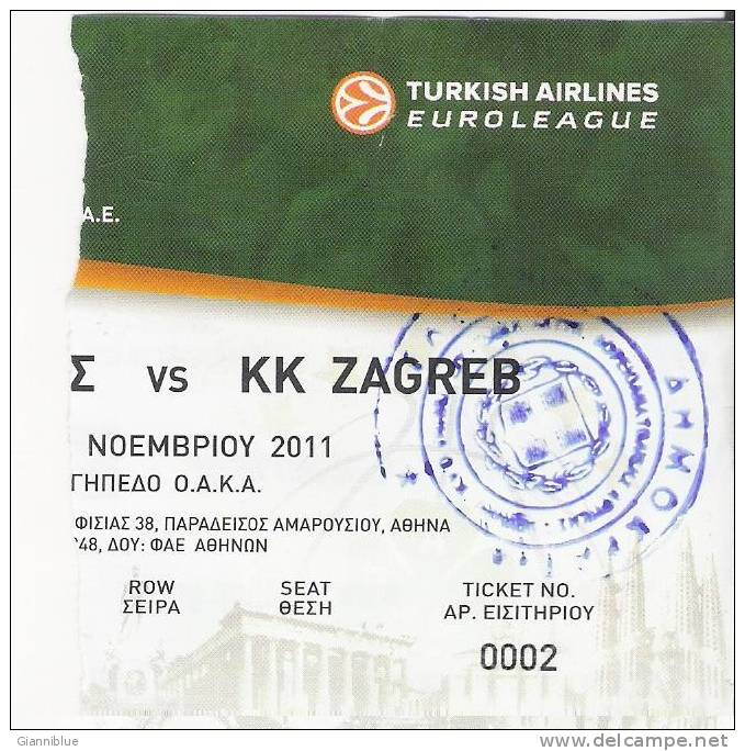 Panathinaikos - KK Zagreb Euroleague Basketball Match Ticket (Turkish Airlines) - Tickets - Entradas