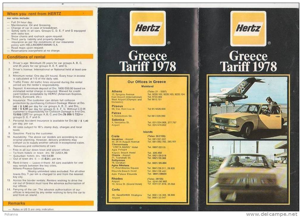 B0684 - Brochure Turistica - GREECE TARIFF 1978 - HERTZ - NOLEGGIO AUTO/OPEL - Engines