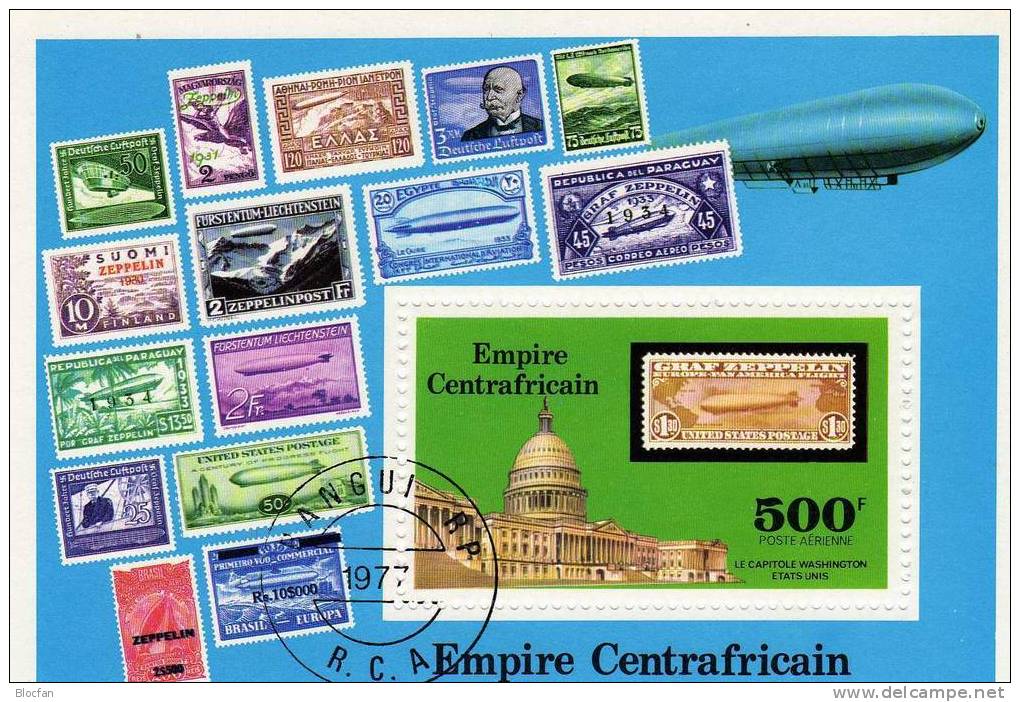 Briefmarken Capitol Washington 1977 Zeppelin-Fahrten Zentralafrika 493 Plus Block 18 O 5€ Topic Bloc Air Sheet Of Africa - Zeppelins