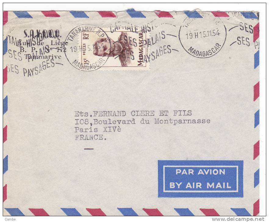 Belle Lettre Madagascar 1954, 15f Seul Tananarive-France /692 - Briefe U. Dokumente