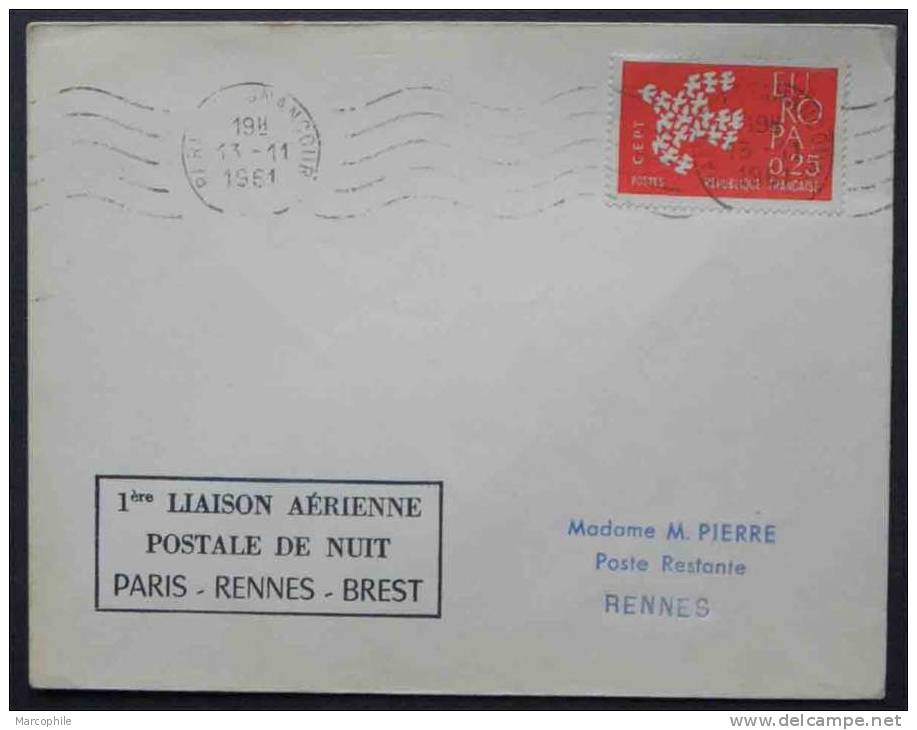 PARIS - RENNES - BREST / 1961 - 1ère LIAISON AERIENNE POSTALE DE NUIT (ref 1706) - Primi Voli