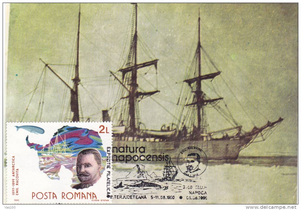 EMIL RACOVITA;BIOLOGICAL,POLAR EXPLORER,SHIP BELGICA EXPEDITION IN ANTARCTICA,1990 CM,MAXICARD,CARTES MAXIMUM  - ROMANIA - Erforscher