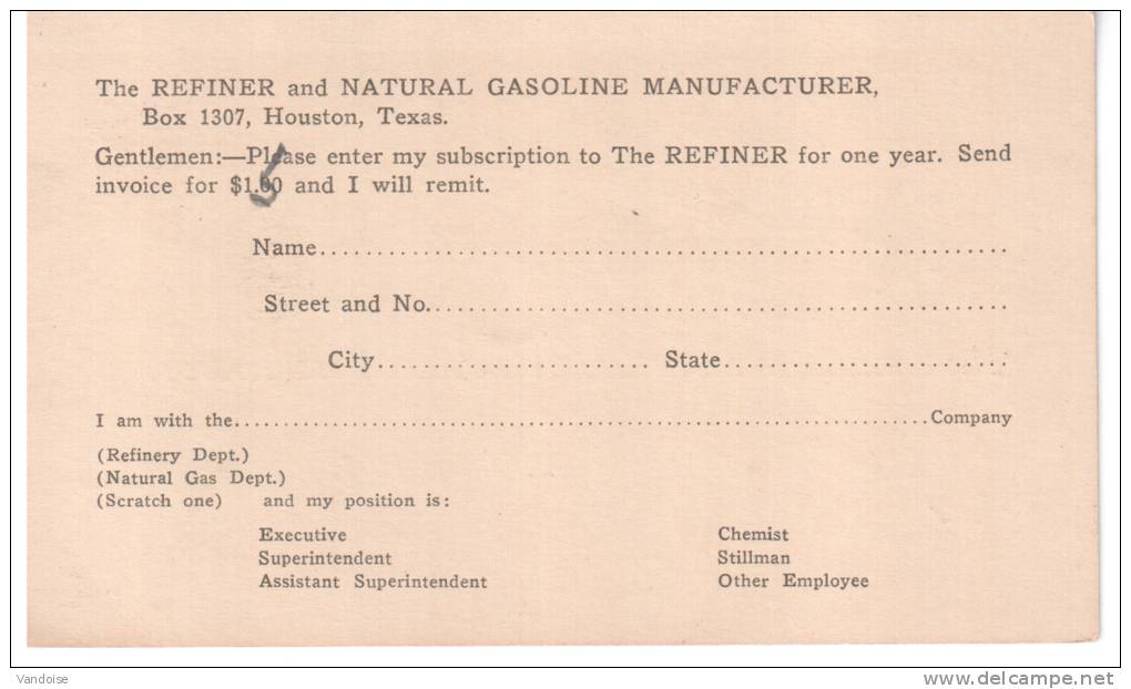 ENTIER POSTAL COMMERCIAL DES USA THEME RAFFINAGE DE L´ ESSENCE - Pétrole