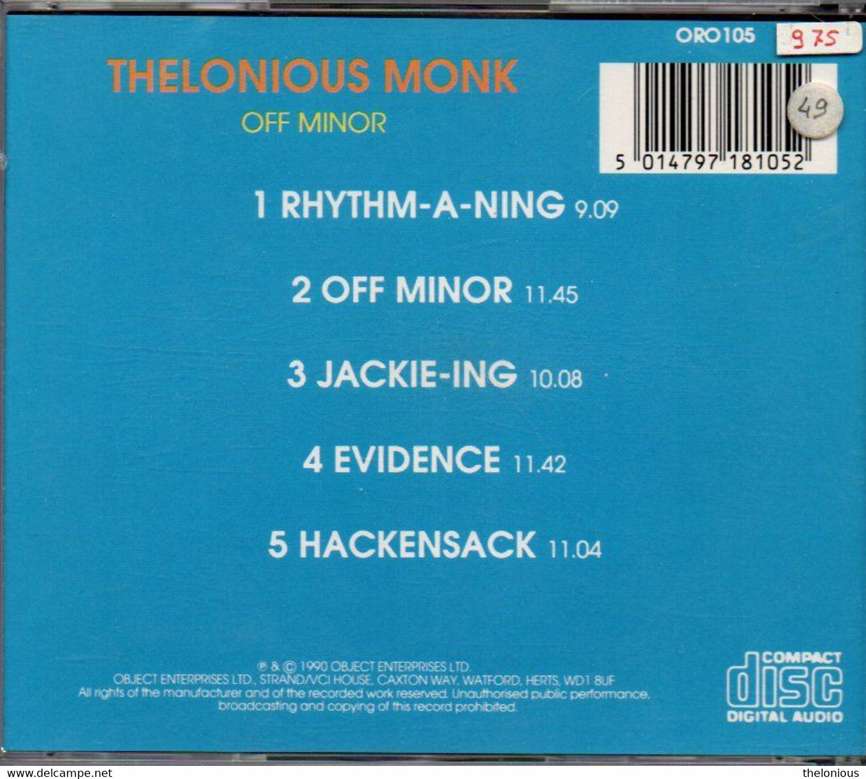 # CD: Thelonious Monk - Off Minor - Jazz Collection ORO 105 - Jazz