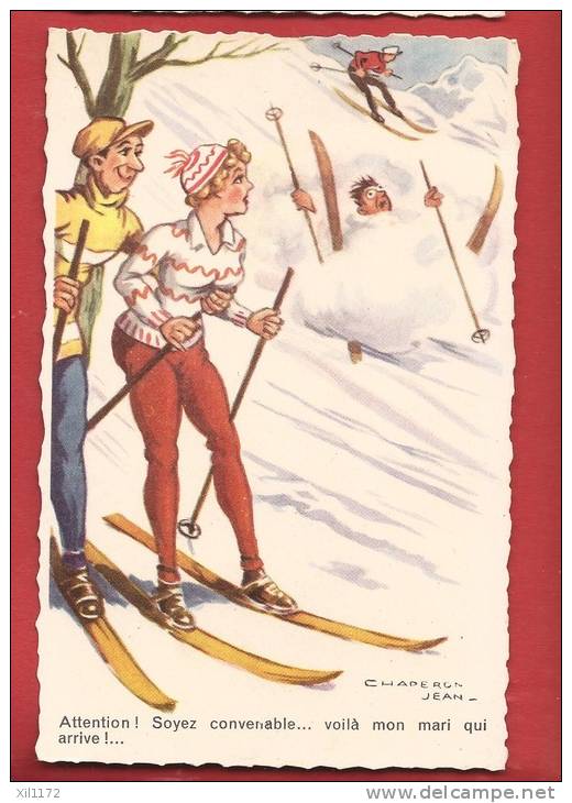 N373 Chaperon Jean.Humour.Partie De Skis,Moniteur Et Jeune Femme,Chute Du Mari,Non Circulé.Picard 1134 - Chaperon, Jean