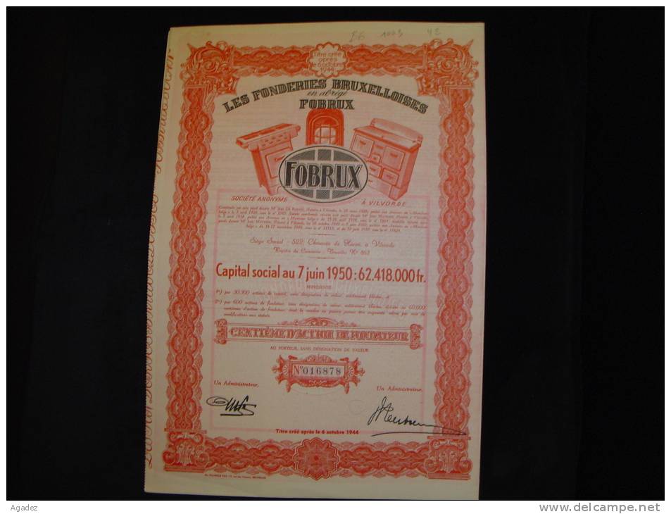 Centième D'action De Fondateur"Les Fonderies Bruxelloises Fobrux"Vilvorde 1950 Très Bon état,reste Des Coupons - Industrie