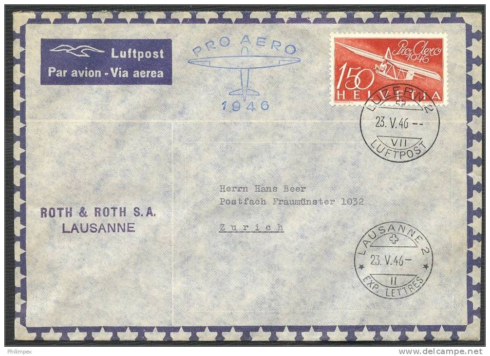 SWITZERLAND, PRO AERO 1946 ON COVER, STAGE LUZERN-LAUSANNE - First Flight Covers