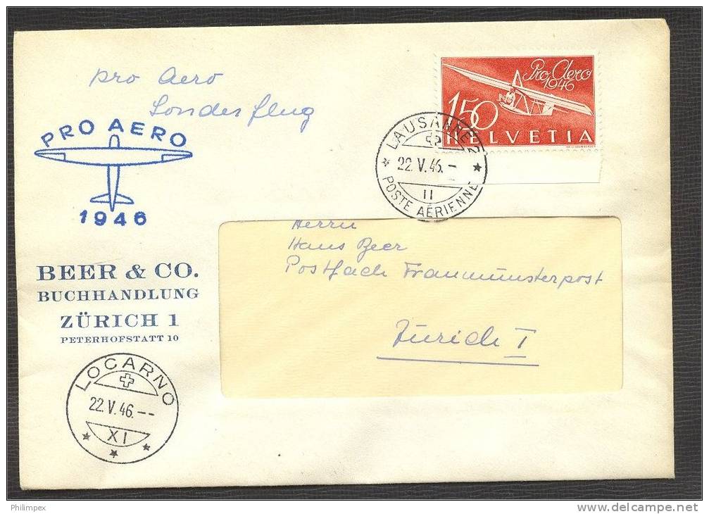 SWITZERLAND, PRO AERO STAMP FROM 1946 ON COVER - First Flight Covers